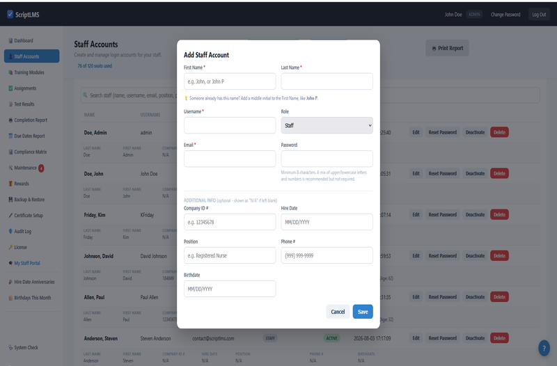 ScriptLMS Add Staff Account form for adding one staff member at a time